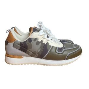 ShoeDazzle Shifra Camo Sneakers Women’s 8.5 Olive Green Brown White Gold